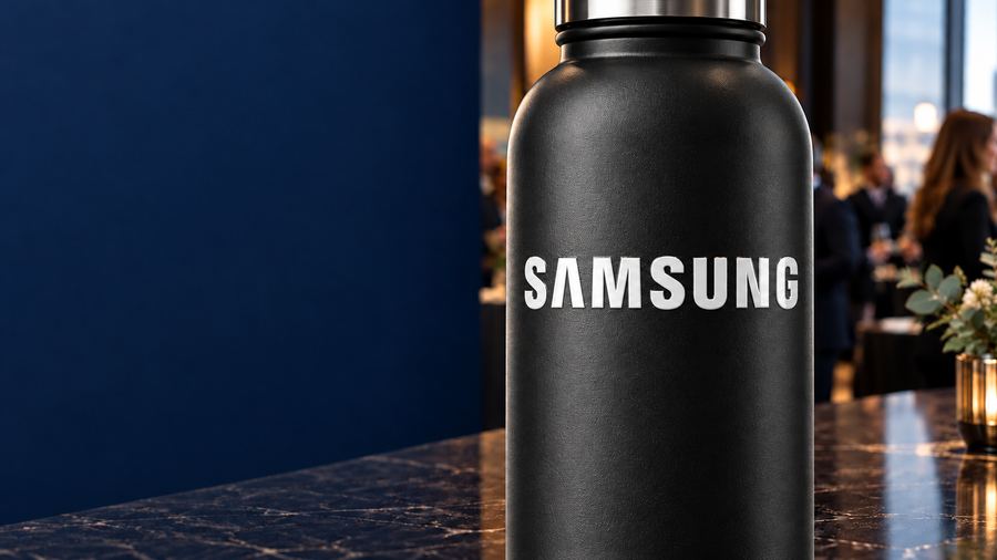 Botella térmica negra con logo en DTF UV blanco, con brillo y relieve