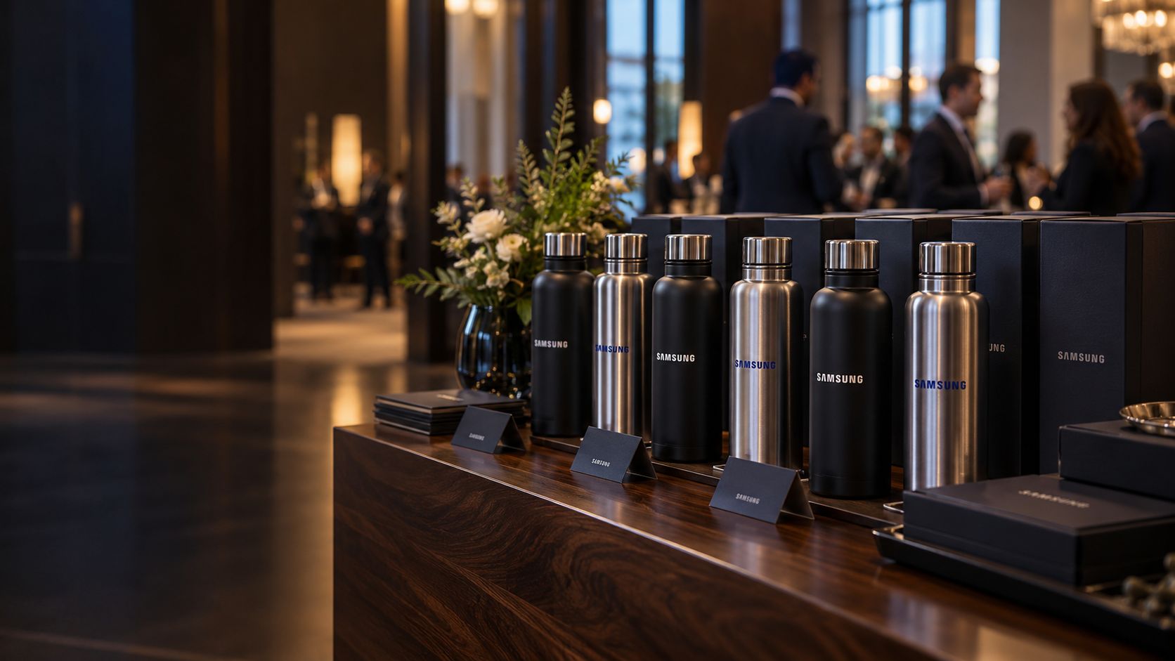 Botellas térmicas negras y de acero con logo de marca, sobre una mesa de evento corporativo