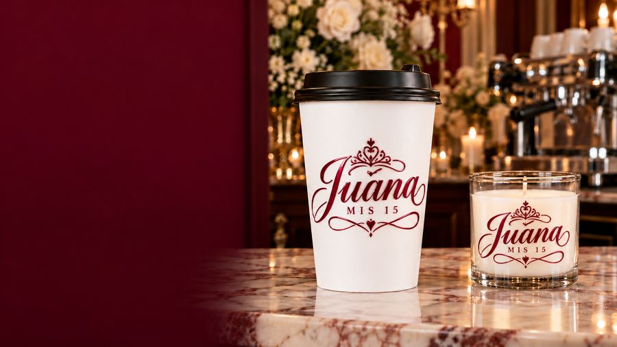 Vaso de café y vela en frasco de vidrio con el diseño Juana, mis 15, aplicado en DTF UV bordó